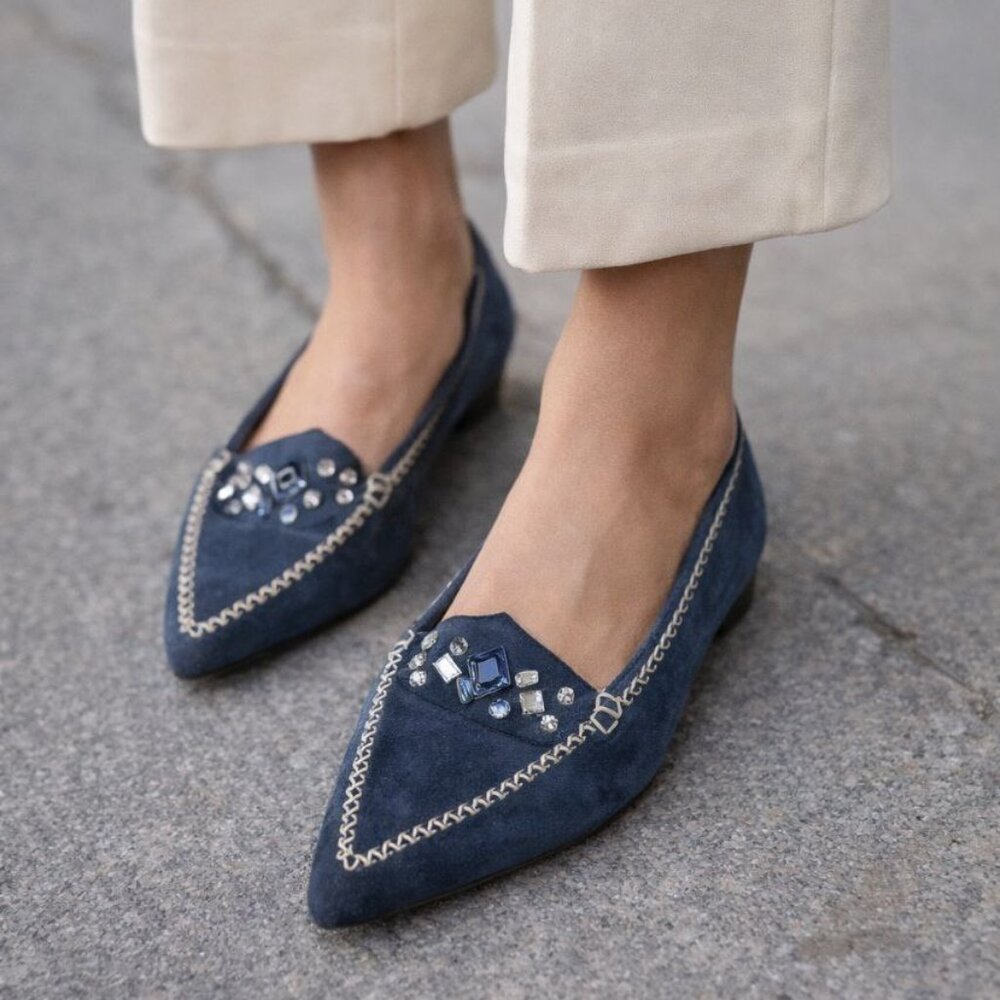 Paola Ferri Blue-Gray Suede Embellished Flats Size 8 Italian Designer